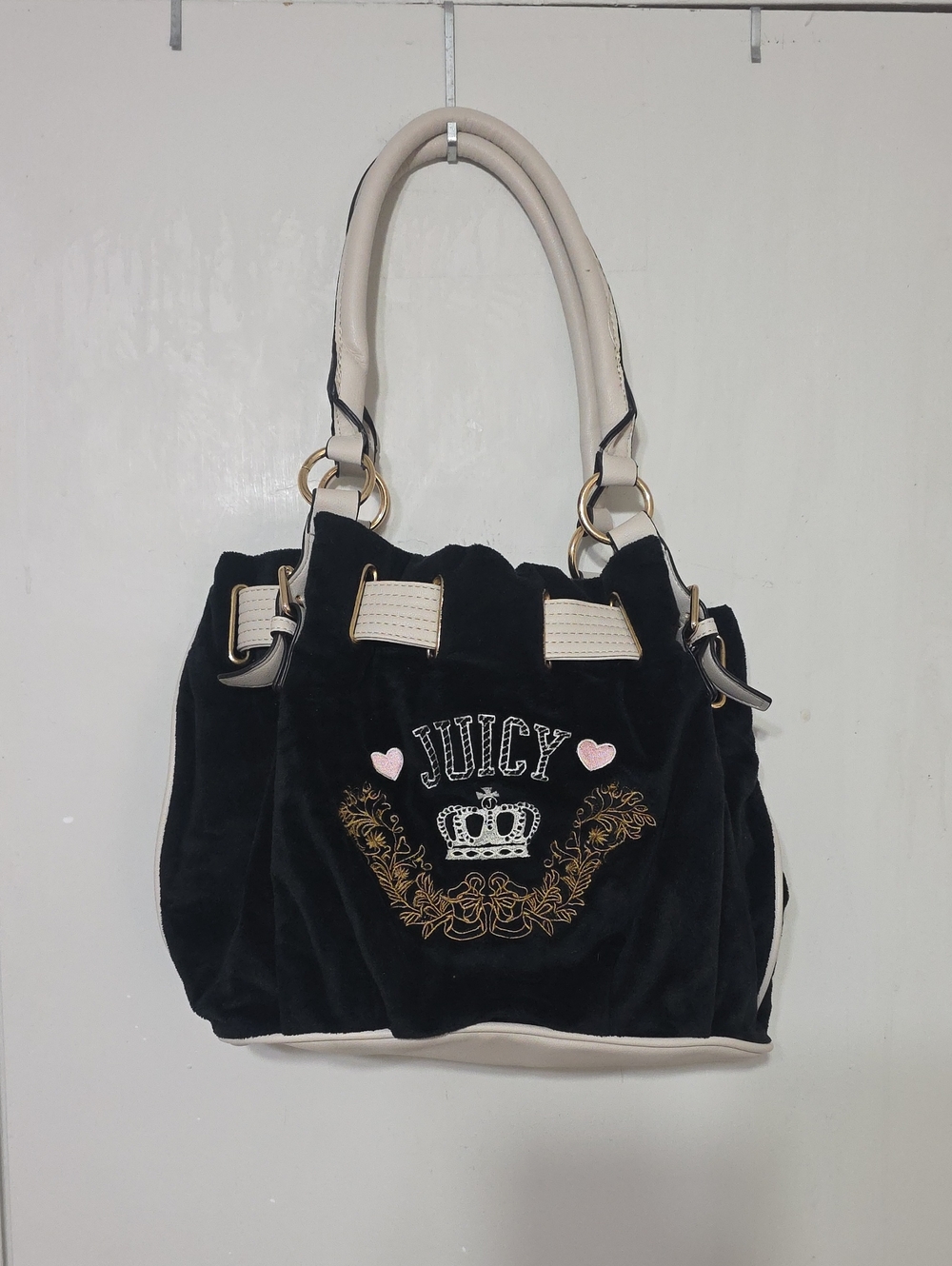 Juicy Couture Black Velour Shoulder Bag with Cream Handles and Gold Embroidery